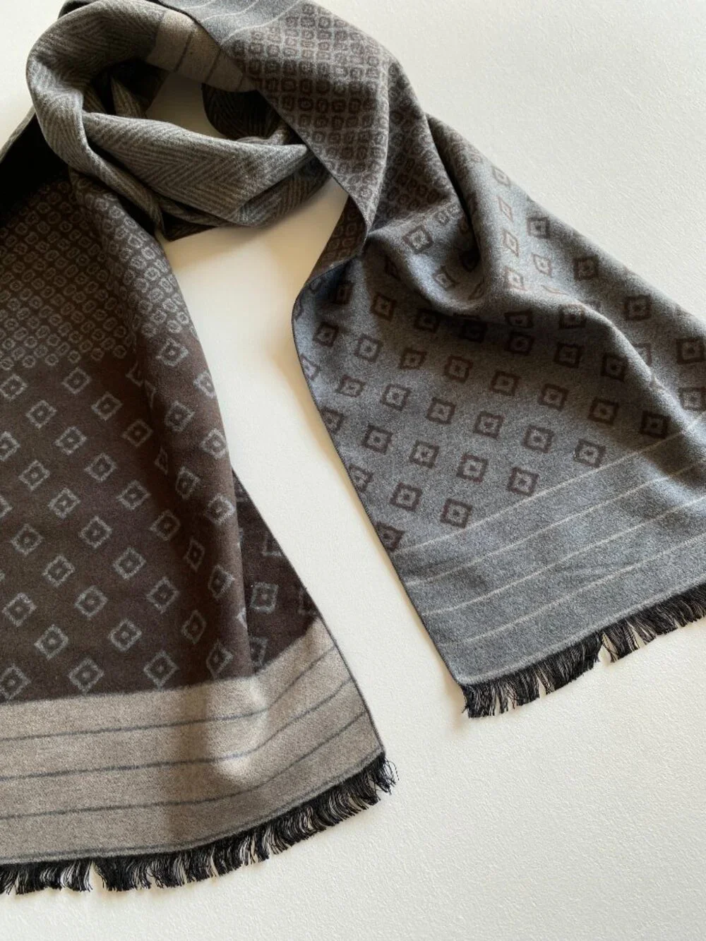 Saks Fifth Avenue 100% Silk Scarf Geometric Pattern Fringed Rectangle Gray
